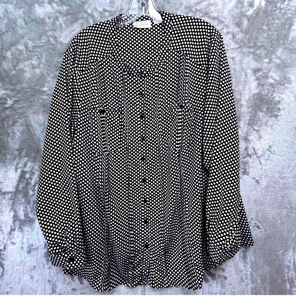 Cathy‎ Che 22W Blouse Black White Polka Dot Retro Mod Officecore Button Up Top